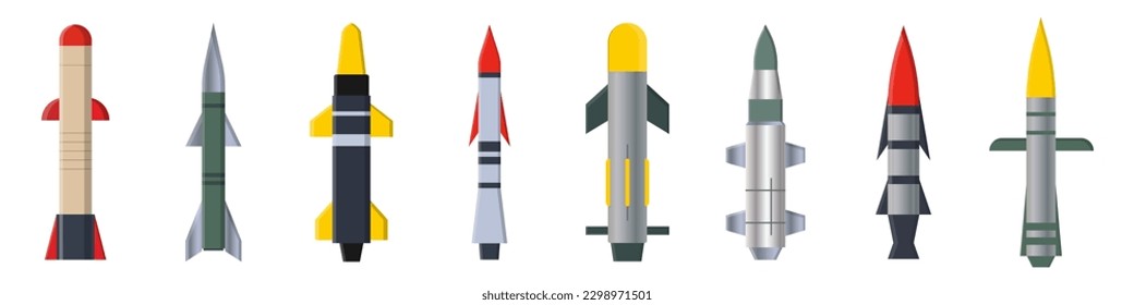 Military missile vector set. Collection of different combat rocket types. Ballistic missiles with nuclear warheads.