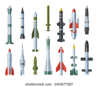 Military missilery army rocket differents types isolated. Missilery rocket flight in the air rocket engine weapon and ballistic nuclear bomb warhead vector illustration on background