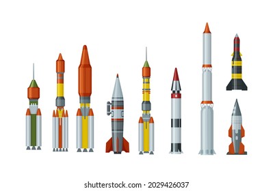 Military missilery rocket of different types set. Army engine weapon flying in air and ballistic nuclear bomb warhead. Dangerous atomic explosive destruction air rocket, ballistic nuclear bomb warhead