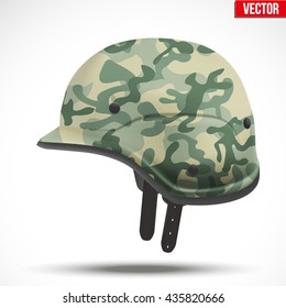 Military modern camouflage helmet. Side view. Army symbol of defense. Vector Illustration Isolated on white background.