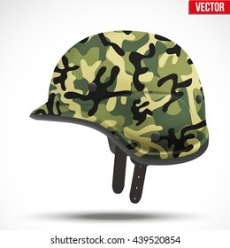 Military modern camouflage helmet. Side view. Army symbol of defense. Vector Illustration Isolated on white background.