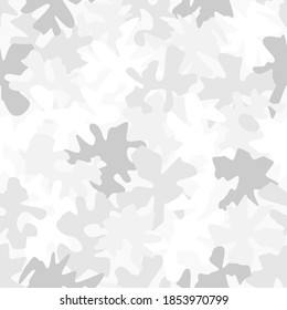 Military monchrome camouflage texture geometric seamless pattern. Snow white halftone theme. Abstract digital modern endless background. Vector illustration.