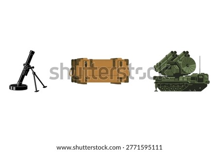Military mortar weapon ammo crate and missile launcher vector set.