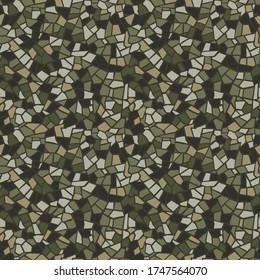 MILITARY MOSAIC TILE SEAMLESS PATTERN. Abstract pattern. Army color mosaic. Vector crack stone marble background. Endless rock concrete texture. Ceramic tile fragments. Terrazzo floor print.