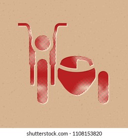 Military motorcycle icon in halftone style. Grunge background vector illustration.