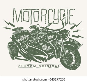 Military Motorcycle whith sidecar hand drawn t-shirt print