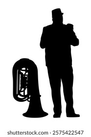 Military musicians in old uniforms with wind instruments on a white background