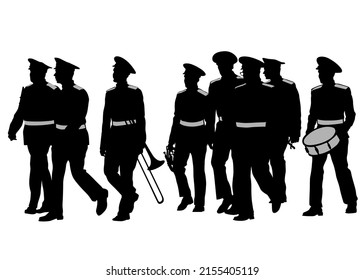 Military musicians in uniforms with wind instruments on a white background