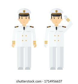Military naval officer in full dress. Command of military cruiser, a cruise liner. Flat vector cartoon illustration. Objects isolated on a white background.