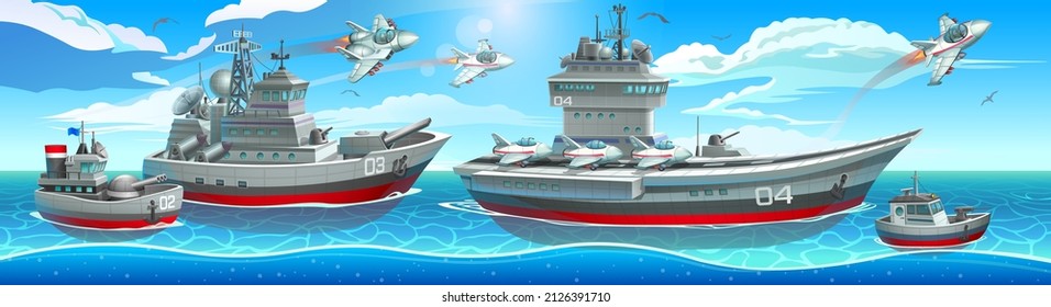 Military Navy. A Column Of Warships With An Aircraft Carrier And Jets. 