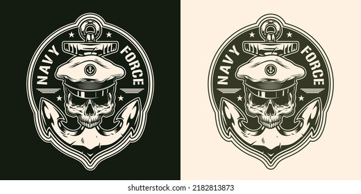 Military NAVY vintage label monochrome skull of sailor ship front anchored patch of army forces on sea border vector illustration