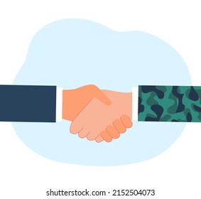 Military officer and civilian shaking hands. Successful negotiations, making peace flat vector illustration. Communication concept for banner, website design or landing web page