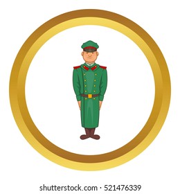 Military officer in greatcoat vector icon in golden circle, cartoon style isolated on white background