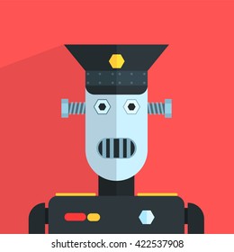 Military Officer Robot Character Portrait Icon In Weird Graphic Flat Vector Style On Bright Color Background