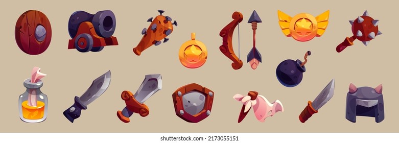 Military Old Game Icons Cartoon Vector Set. Isolated War Weapon Collection, Cannon And Cannonball, Wooden Bow And Arrow, Sword, Shield, Spiked Mace, Horned Helmet, White Flag, Glass Incendiary Bomb