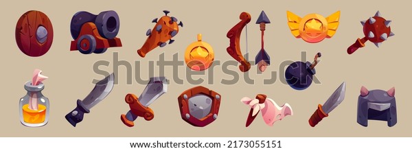 Military old game icons cartoon vector set. Isolated
war weapon collection, cannon and cannonball, wooden bow and arrow,
sword, shield, spiked mace, horned helmet, white flag, glass
incendiary bomb