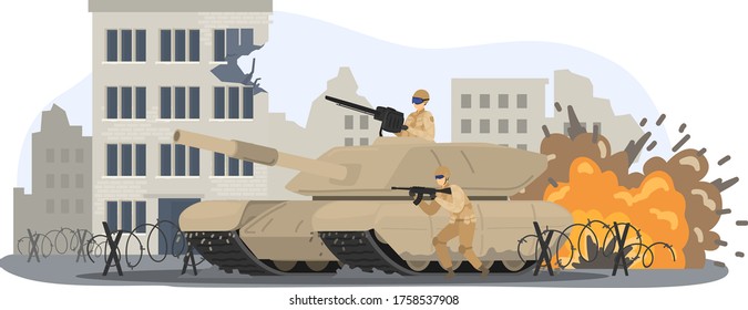 Military operation place, soldier ride war tank attack activity city urban landscape isolated on white, flat vector illustration. Destroyed town army maintenance, dangerous explosion.
