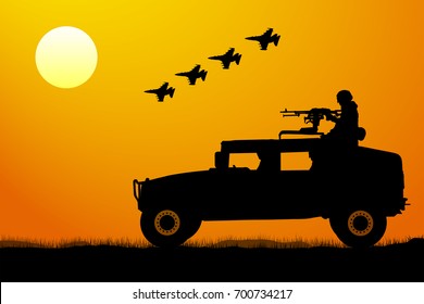Military operation at sunset silhouette. Attack of the invasion, aircraft fighter, tank, soldier