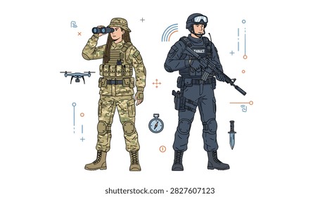 Military operator in camouflage and a special force soldier in dark gear stand with a drone and compass representing tactical mission equipment and defense.