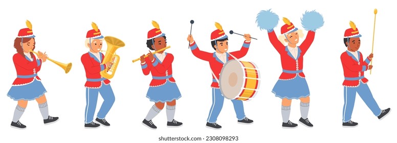 Military orchestra children character marching playing music instrument. Festive parade of cute kids band performing with drum, brass horn, trombone and flute walking isolated on white background