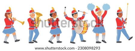 Military orchestra children character marching playing music instrument. Festive parade of cute kids band performing with drum, brass horn, trombone and flute walking isolated on white background