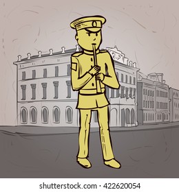 Military orchestra musician. Hand drawn cartoon vector illustration
