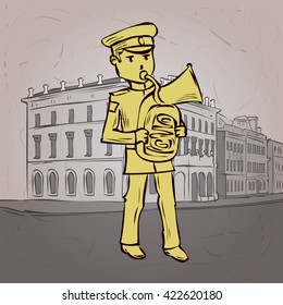 Military orchestra musician. Hand drawn cartoon vector illustration