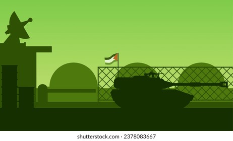Military palestine landscape vector illustration. Silhouette of palestine military base with tank. Palestine illustration for background, wallpaper, issue and conflict