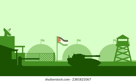 Military palestine landscape vector illustration. Silhouette of military base with tank and palestine flag. Palestine illustration for background, wallpaper, issue and conflict