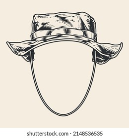 Elemento de sombrero panama militar uniforme monocromo de estilo vintage para soldados Babylon Jungle Boonie con correa ilustración vectorial del siglo XX