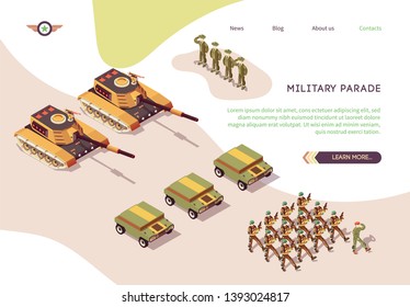 Military Parade Banner With Army And Skeleton Base. Column Marching Soldiers In Camouflage, Group Captains Giving Salute, Tanks And Armored Vehicle Family. Vector Isometric Illustration