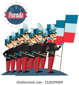 Military parade during the ceremonial of french national holiday Bastille day vector illustration, officer army on ceremony