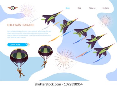 Military Parade Isometric Banner. Army Air Force Show, Aerobatic Flying. Military Fighter Jets and Parachute-Jumpers during Demonstration. Salute against Sky. Vector Illustration. Independence Day