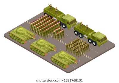 Military Parade Vector Isometric With Soldiers And Military Equipment