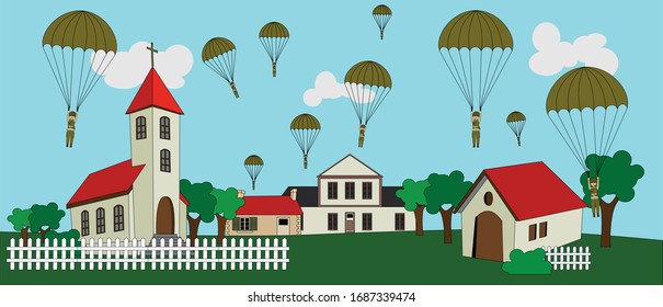 military paratrooper jumping on the village at the day