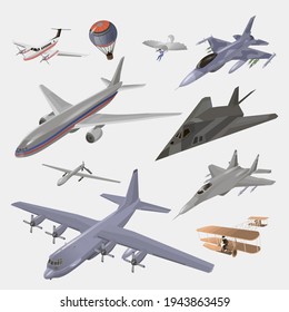 Military And Passenger Aircraft Set. Fighter Jet, Balloon, Hang Glider, Old Model, Private Jet, F-117 Nighthawk, Interceptor, Cargo Airplane, Spy Drone Vector Illustrations Set Isolated