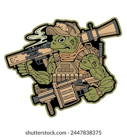 Parche militar. Insignias del ejército en la ropa. Rana militar. Rana verde sosteniendo un arma. Sello del ejército. Emblema militar. Imagen de Vector estándar