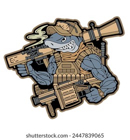 Military patch. Army badges on clothes. Military Shark. Great white shark  holding a weapon. Army stamp. Military emblem. Stock Vector Image
