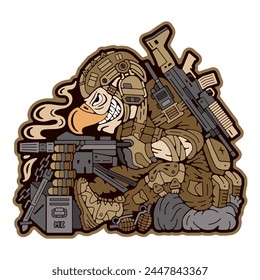 Military patch. Army badges on clothes. Military Eagle. Bald eagle holding a weapon. Army stamp. Military emblem. Stock Vector Image