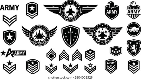 Military patches, air force emblems, army rank insignia badges, chevrons stickers, tactical shield icons, patriotic war combat signs