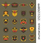 Military patches, chevrons and army badges vector templates. Marine patrol, naval and air military forces, captain patch emblem shields with stars, ribbons, heraldic wings, navy anchor and skull
