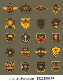 Military patches, chevrons and army badges vector templates. Marine patrol, naval and air military forces, captain patch emblem shields with stars, ribbons, heraldic wings, navy anchor and skull