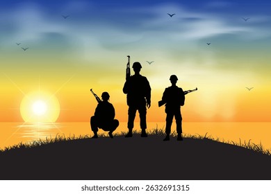 Military Patrol at Sunrise – Armed Soldiers Silhouette Vector