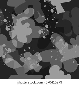 military pattern for boys, textile, sport clothes. Urban modern design with spots, spray paint elements, ink. Monochrome grey guys background. Chaotic repeated backdrop