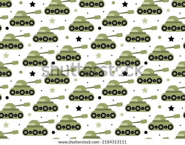Military pattern with childish cartoon tanks. Army
machine for seamless fabric print for design of men's victory day
product. Green weapons on white background for wallpaper. 
artillery for baby
boys.