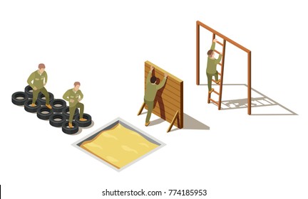 Military personnel primary recruit physical training drills with tire-based and climbing exercises isometric composition vector illustration 