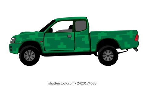 Military pickup truck in green camouflage. Off-Road Vehicle. Isolated image for prints, poster and illustrations.