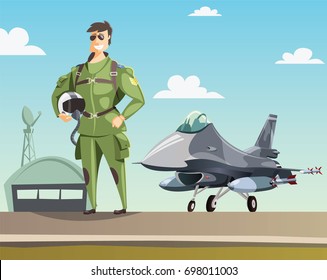 Military Pilot And Jet Fighter On Runway