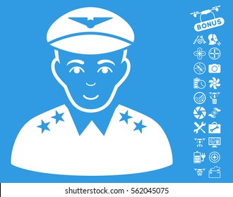 Military Pilot Officer icon with bonus uav service icon set. Vector illustration style is flat iconic white symbols on blue background.