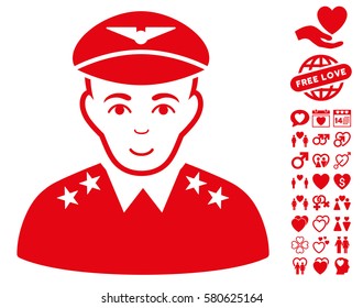 Military Pilot Officer icon with bonus love design elements. Vector illustration style is flat iconic red symbols on white background.